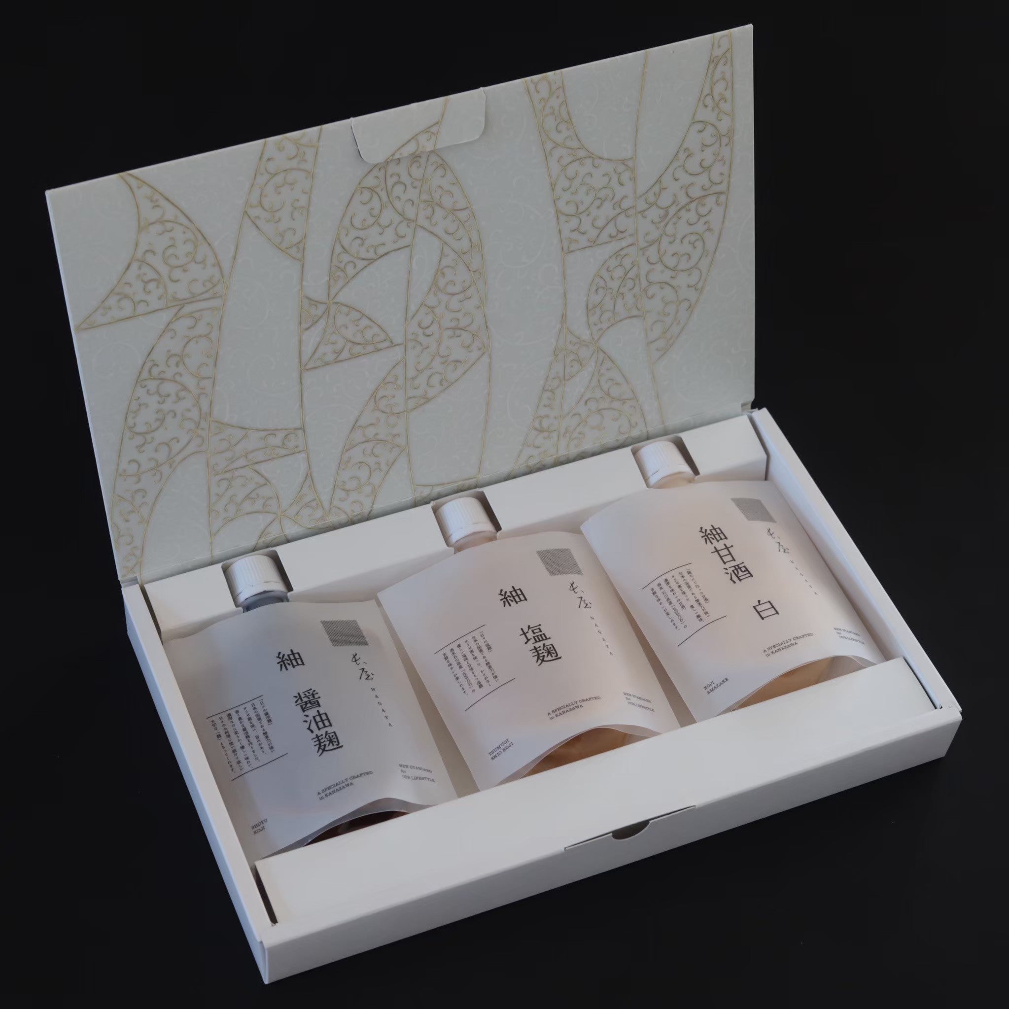 【ギフト】長屋定番セット(醤油麹+塩麹+甘酒 白)唐草文様箱